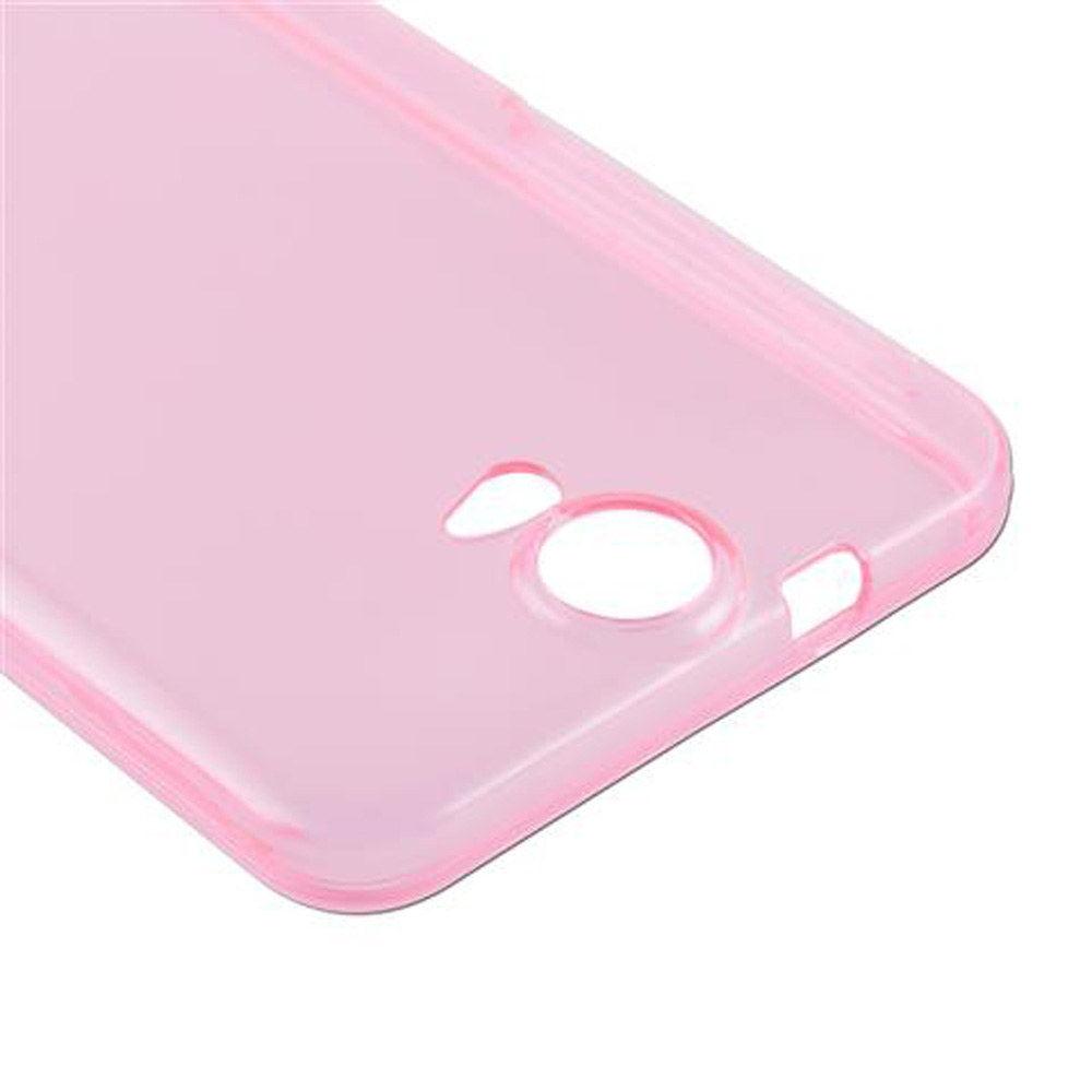 Una cover per telefono rosa chiaro trasparente con ritagli per fotocamera e porte.