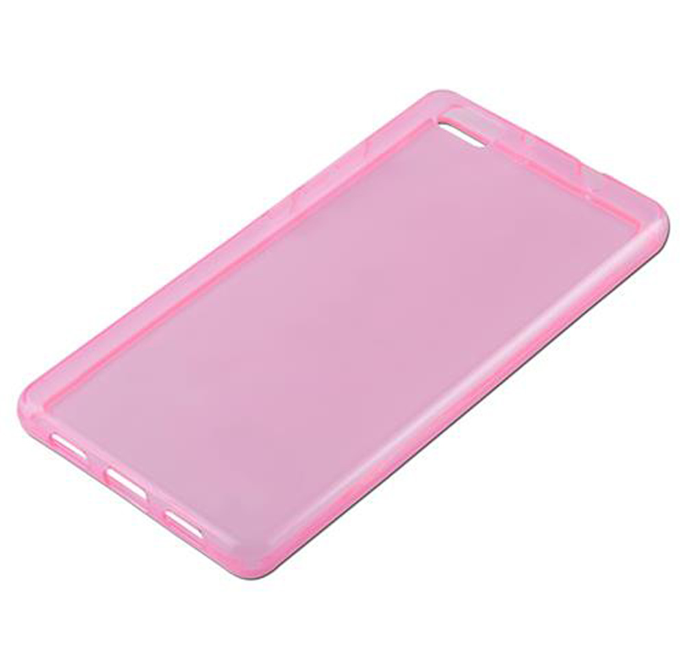 Una custodia per telefono rosa traslucida con ritagli per pulsanti e porte.