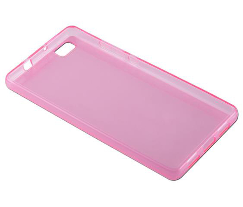 Una cover rosa trasparente per telefono su sfondo bianco.