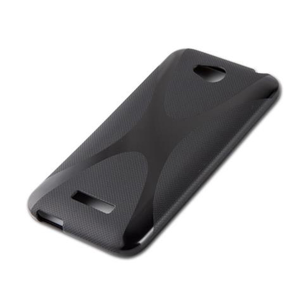 Custodia nera per telefono con motivo testurizzato e ritagli per fotocamera.