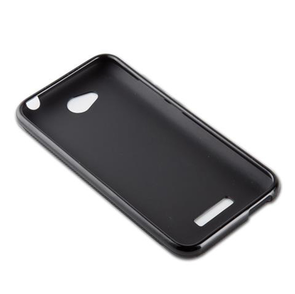 Custodia nera per telefono con ritagli per fotocamera e porte.