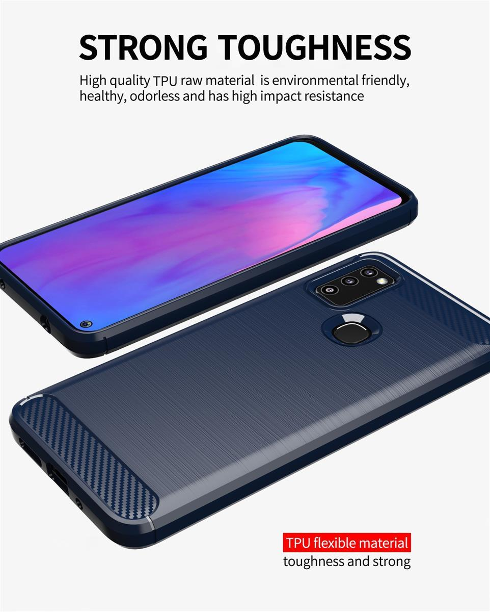 Una custodia per telefono blu scuro testurizzata e uno smartphone con schermo colorato.