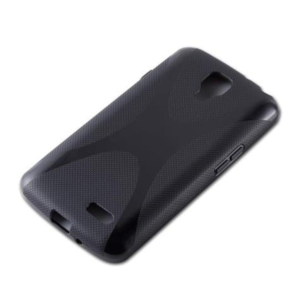 Una cover nera testurizzata per telefono con ritagli per fotocamera e pulsanti.