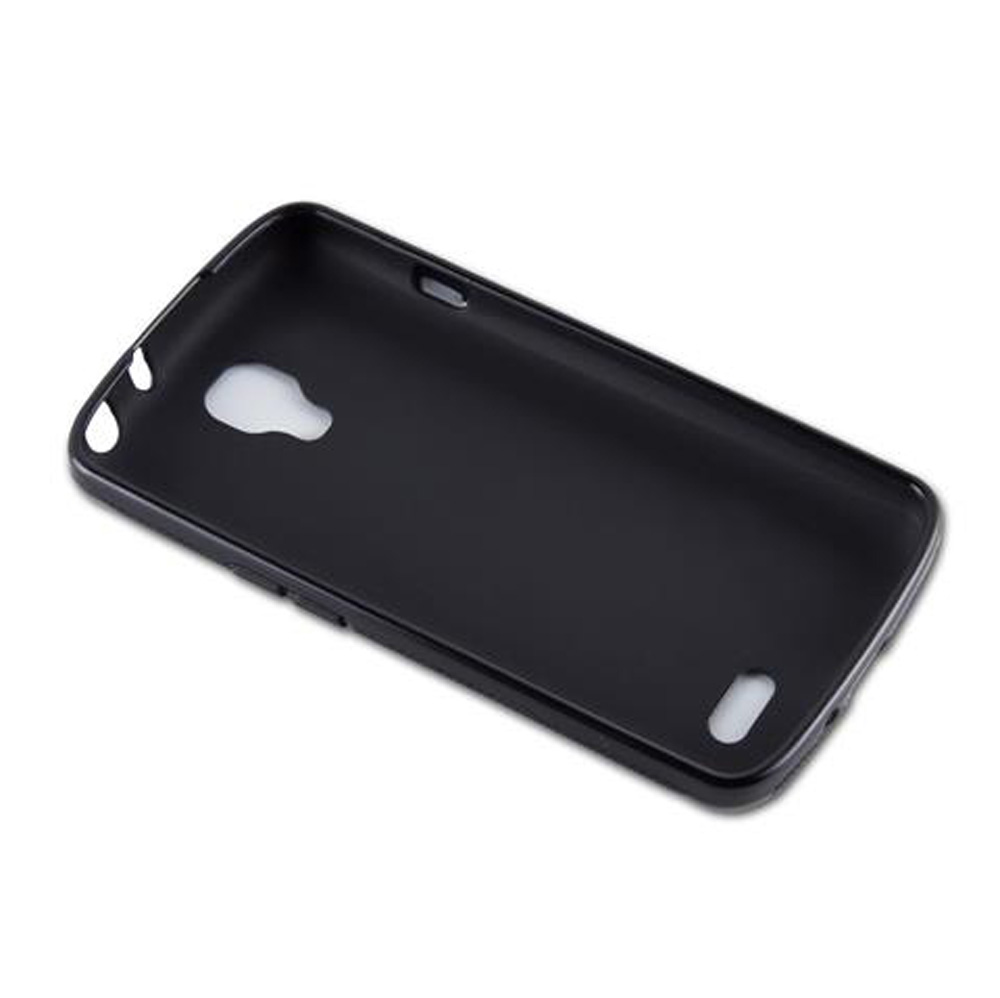 Una custodia nera per telefono con ritagli per fotocamera e porte.