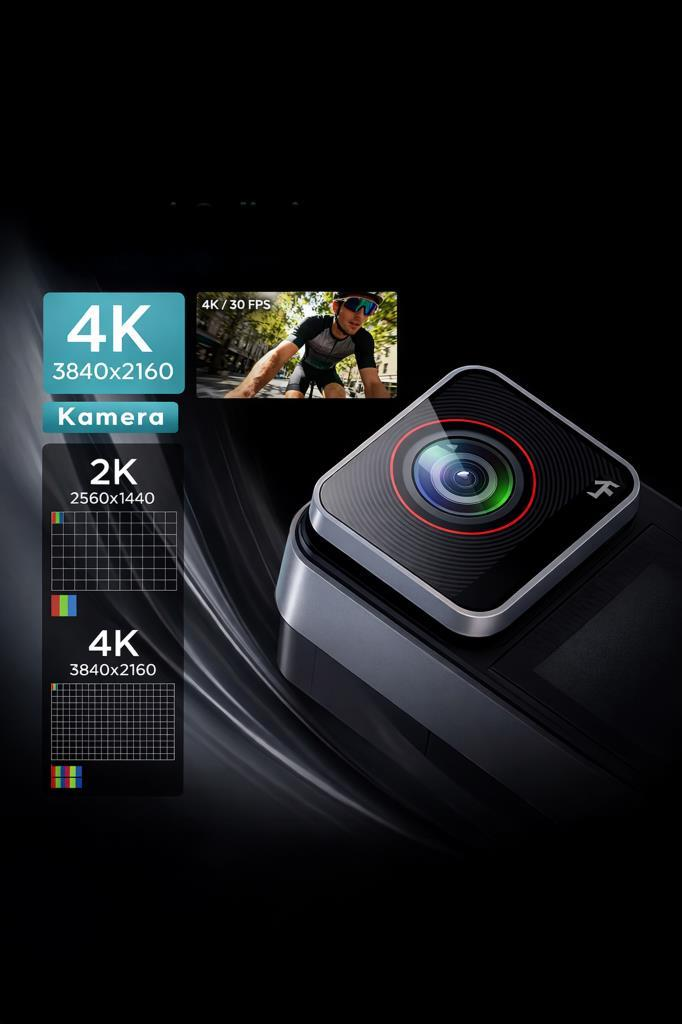 4K çözünürlüklü aksiyon kamerası, bisikletliyi ve çözünürlük özelliklerini gösteriyor.