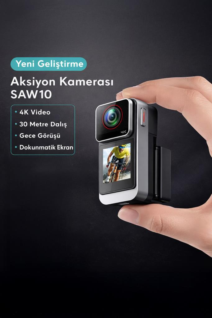4K video, 30m dalış, gece görüşü ve dokunmatik ekrana sahip aksiyon kamerası tutan el.