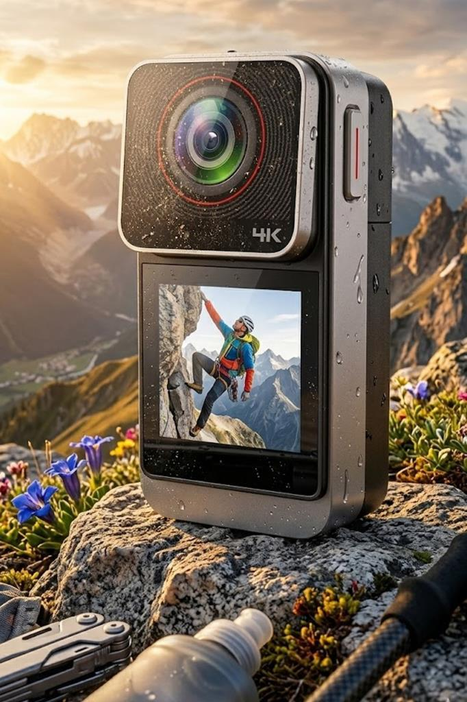 Tırmanıcı ekranlı 4K aksiyon kamerası çiçekli kayaların üzerinde duruyor.