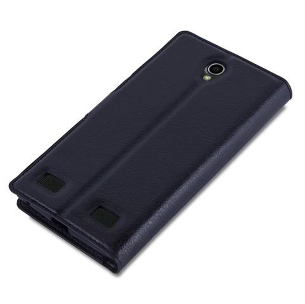 Custodia a libro blu scuro per telefono con ritaglio fotocamera, su sfondo bianco.