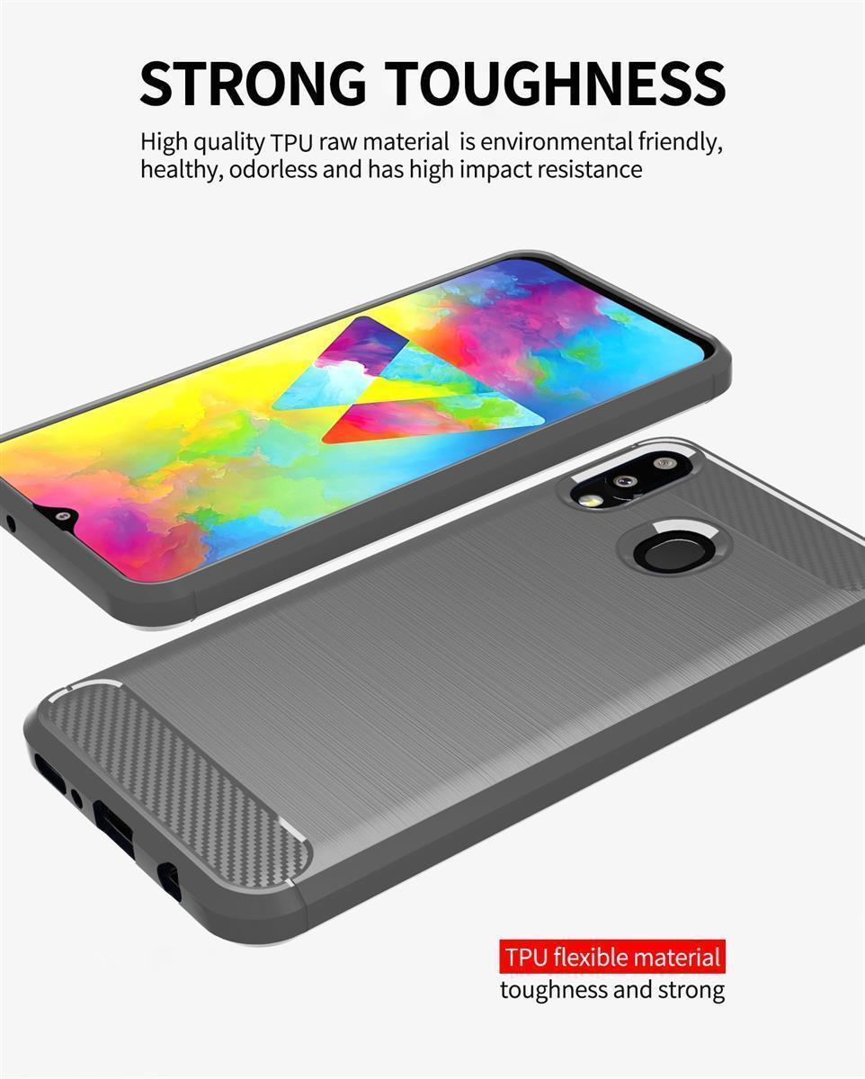 Eine graue TPU-Handyhülle mit texturierter Rückseite wird neben einem Smartphone gezeigt.