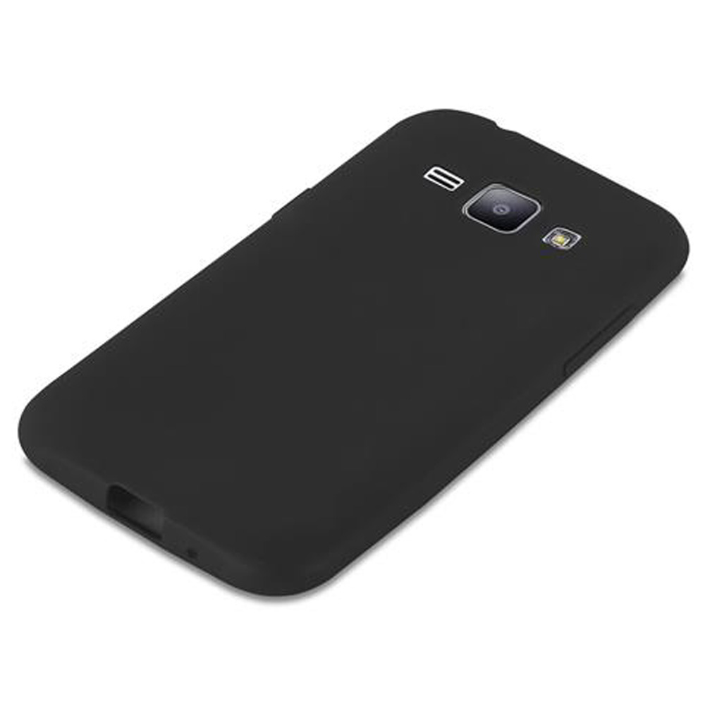 Una custodia nera per smartphone giace su una superficie bianca, mostrando fotocamera e flash.