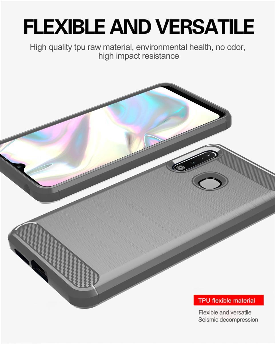 Vengono mostrate due custodie per telefono in TPU grigio. Una è una custodia completa, l'altra un telefono con custodia.
