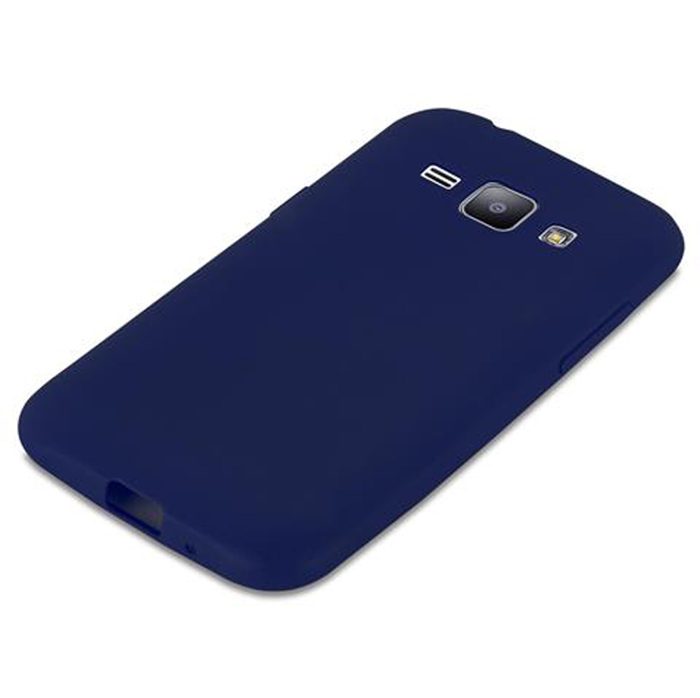 Custodia blu scuro per telefono con ritaglio fotocamera e flash.