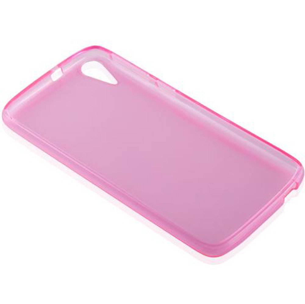 Una custodia rosa traslucida per telefono su sfondo bianco.
