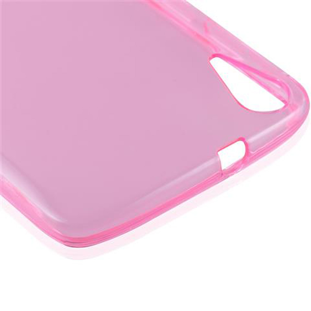 Primo piano di una custodia rosa traslucida per telefono con ritagli per pulsanti e porte.