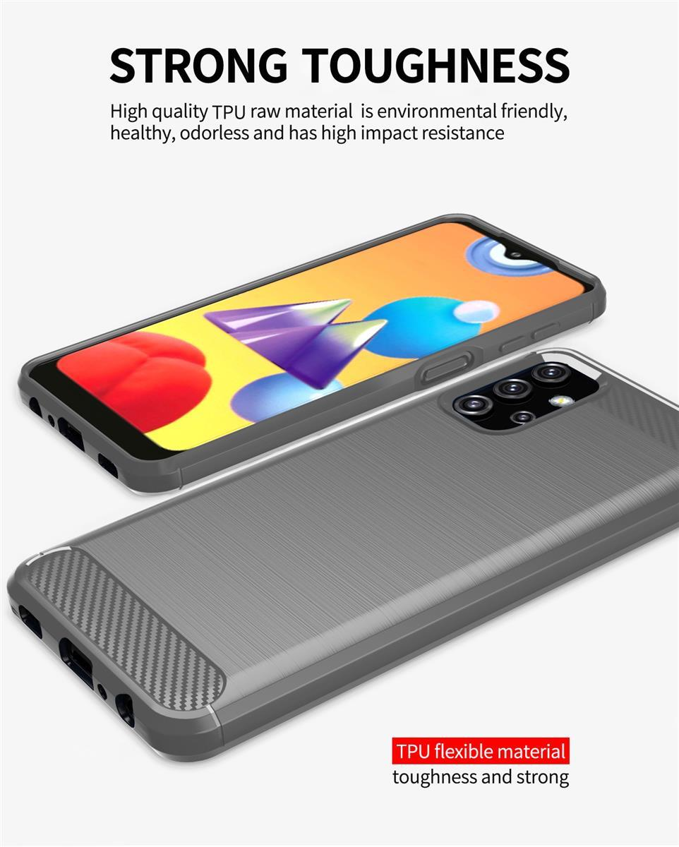 Custodia grigia per telefono con impugnatura testurizzata e modulo fotocamera visibile.
