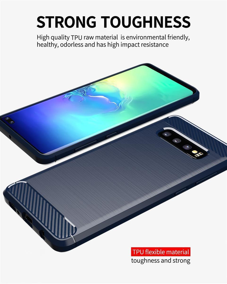 Due custodie per telefono in TPU blu. Una con un telefono all'interno, che mostra uno schermo colorato.