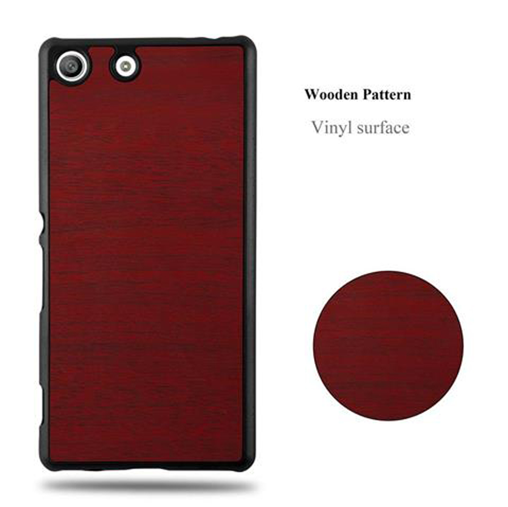 Una cover per telefono rosso scuro con venature di legno e due lenti.