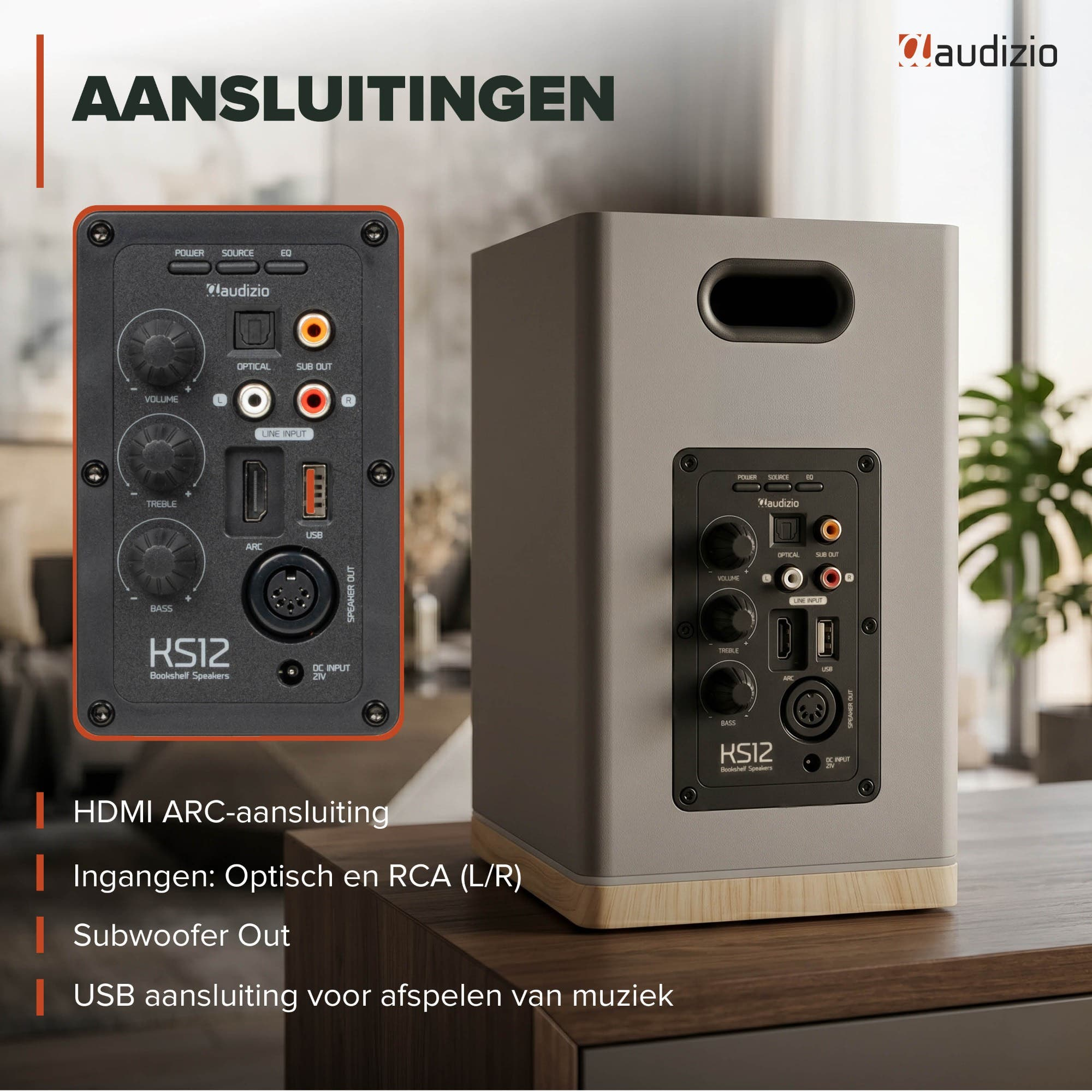 Parte trasera de un altavoz con conexiones: HDMI ARC, Óptica, USB y más.