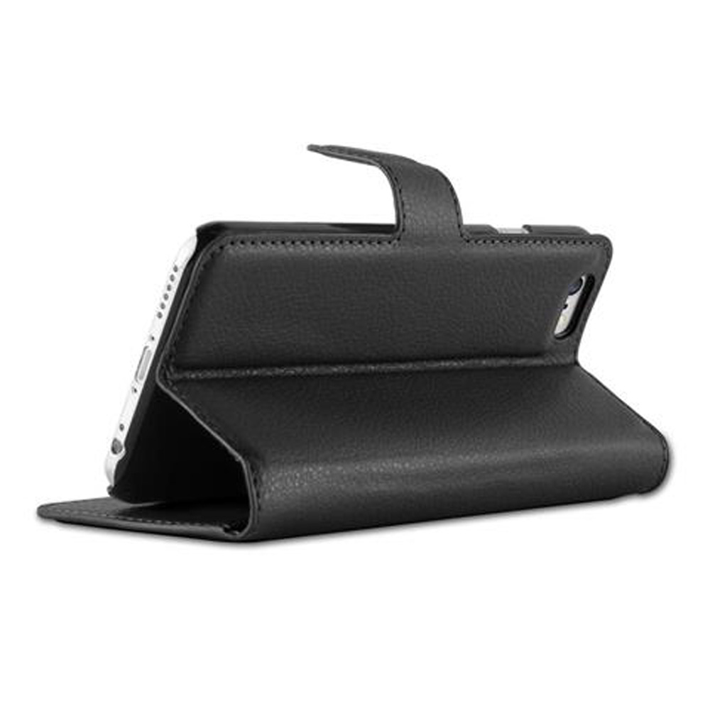 Schwarzes Leder-Flip-Case für ein Smartphone, das auf einer Seite geöffnet ist.