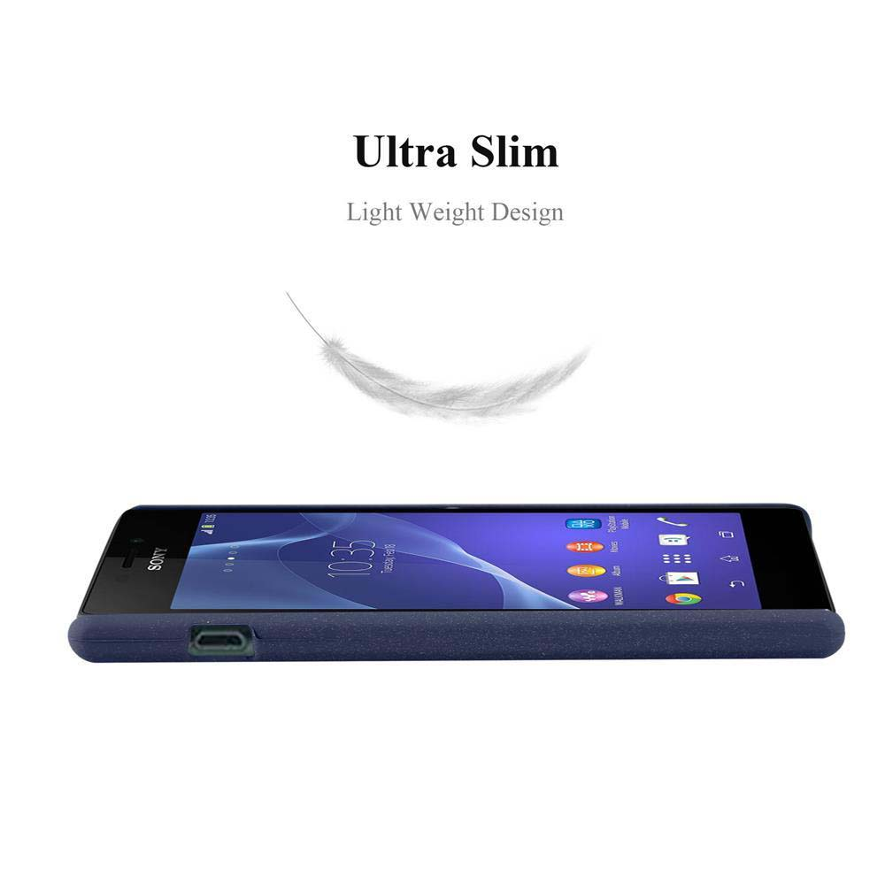 Uno smartphone Sony sottile in custodia blu con illustrazione di piuma.