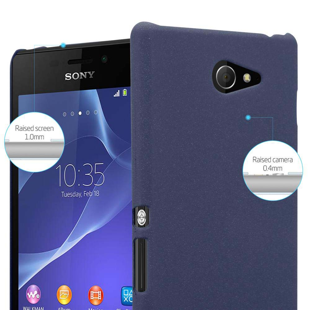 Una custodia blu copre un telefono Sony, mostrando uno schermo rialzato di 1,0 mm e una fotocamera rialzata di 0,4 mm.