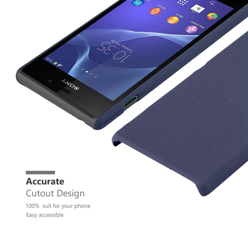 Custodia blu scuro accanto a uno smartphone Sony che mostra le 10:35 sullo schermo.