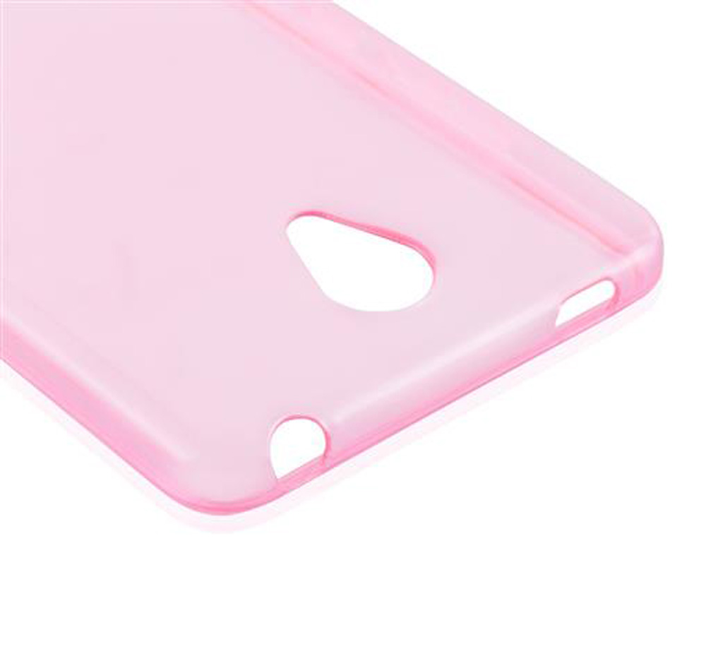 Una cover per telefono traslucida rosa chiaro con ritagli per fotocamera e pulsanti.
