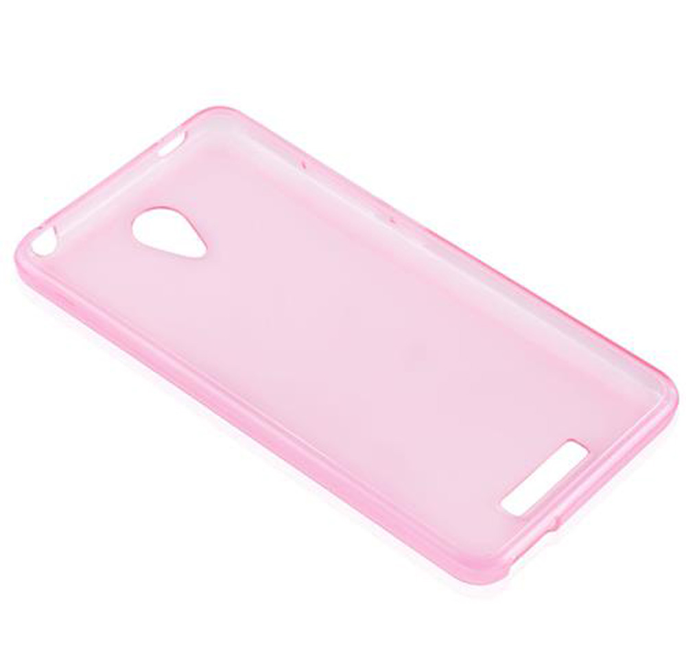 Una custodia per telefono rosa trasparente con ritagli per fotocamera e porte.