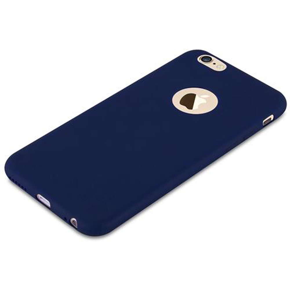 Dunkelblaue Handyhülle mit Apple-Logo und Kameraaussparung auf weißem Hintergrund.