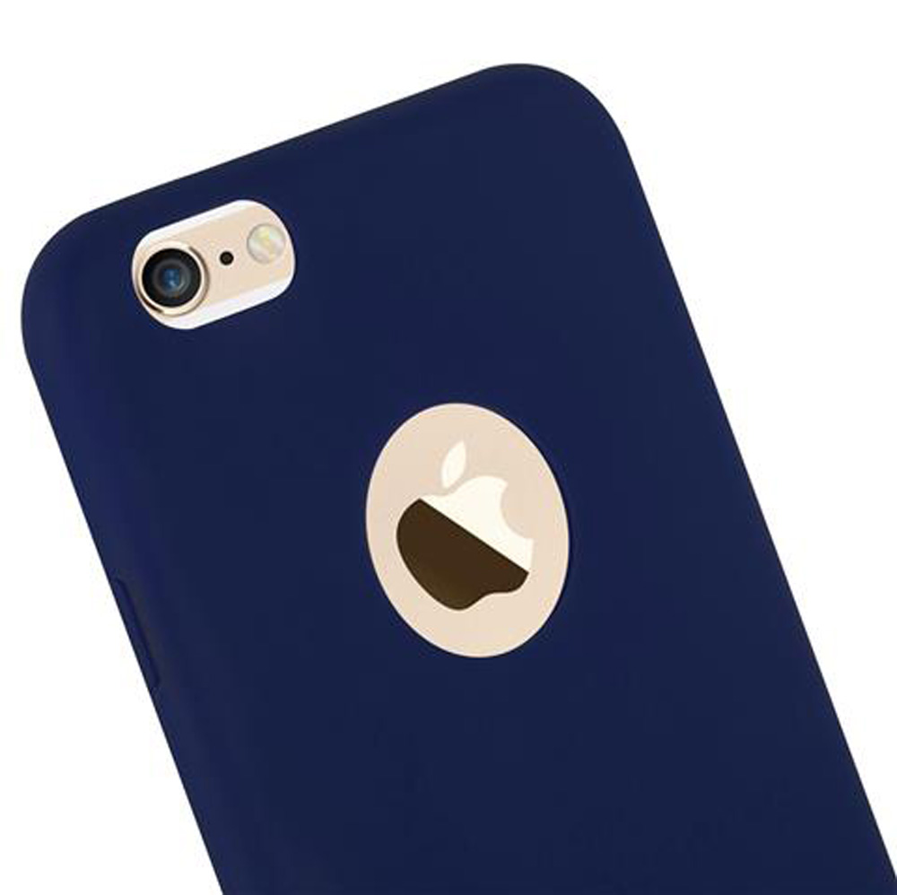 Dunkelblaue Hülle mit Apple-Logo und Kamerabereich.
