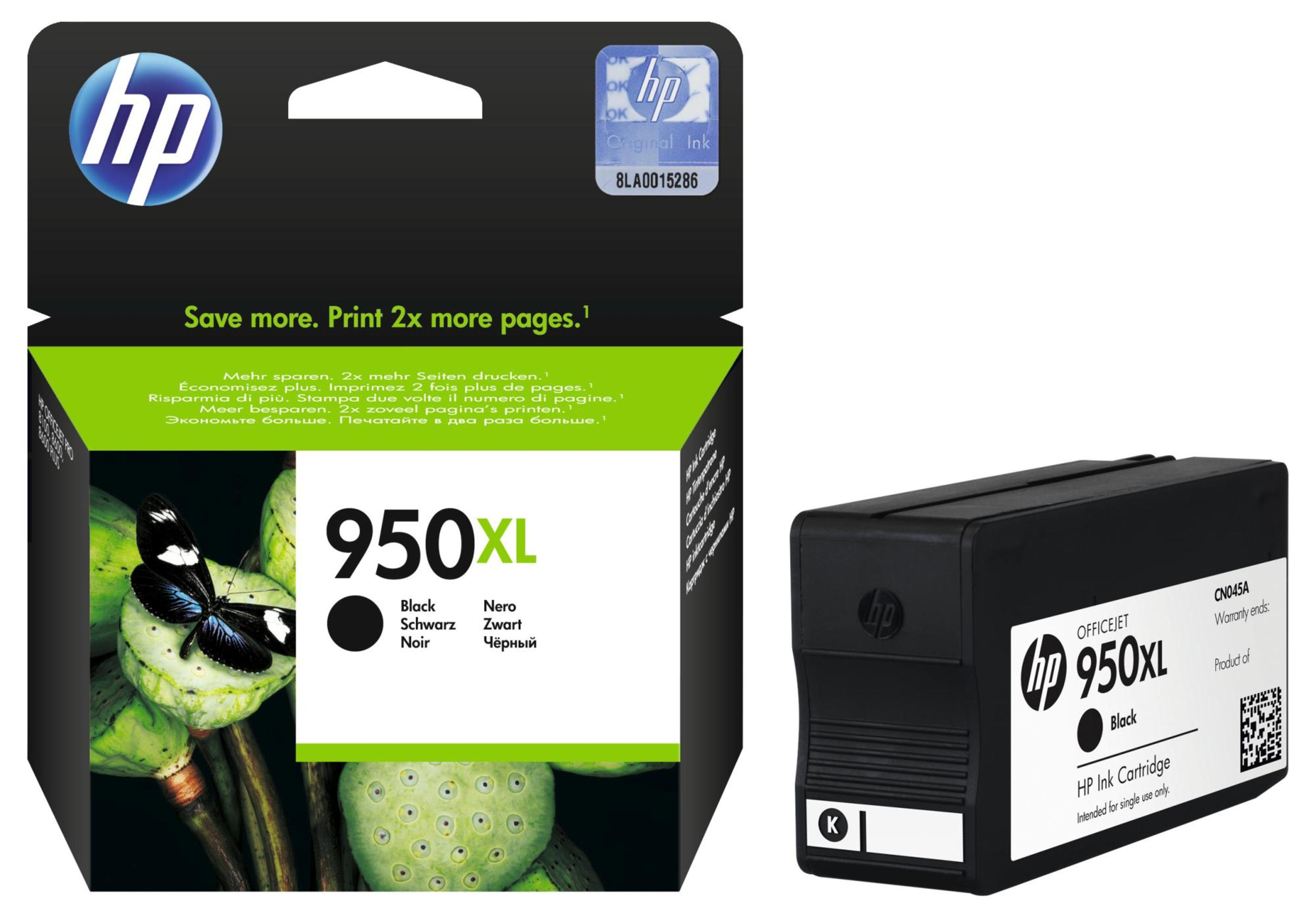HP 950XL black ink cartridge in packaging with butterfly and lotus design.
