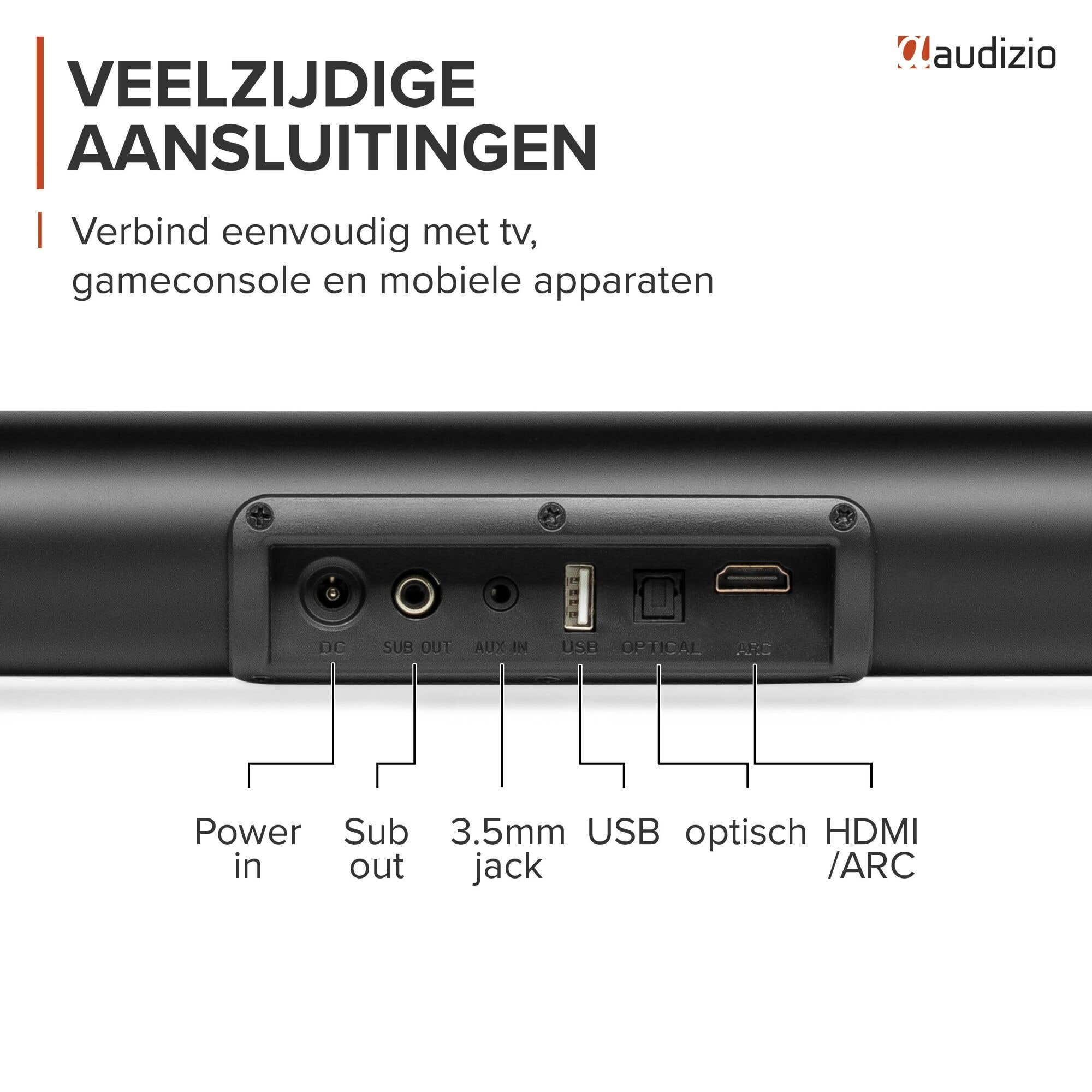Parte trasera de barra de sonido con puertos: CC, Sub Out, Aux In, USB, Óptico, HDMI/ARC.