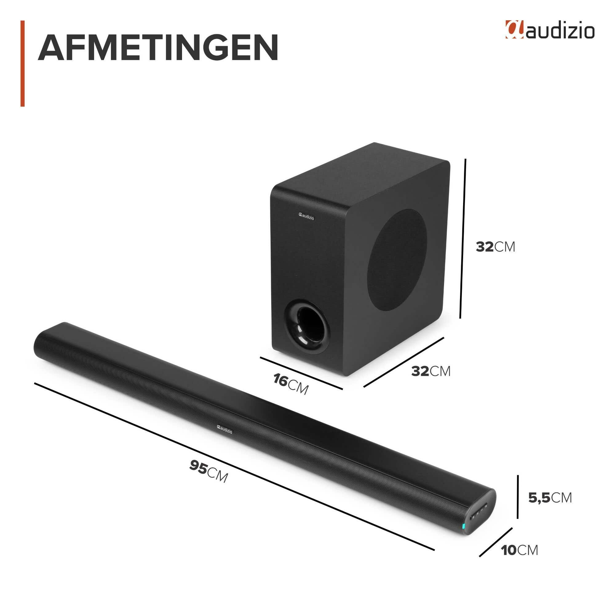 Altavoz negro (95cm) y subwoofer (32cm) con dimensiones.