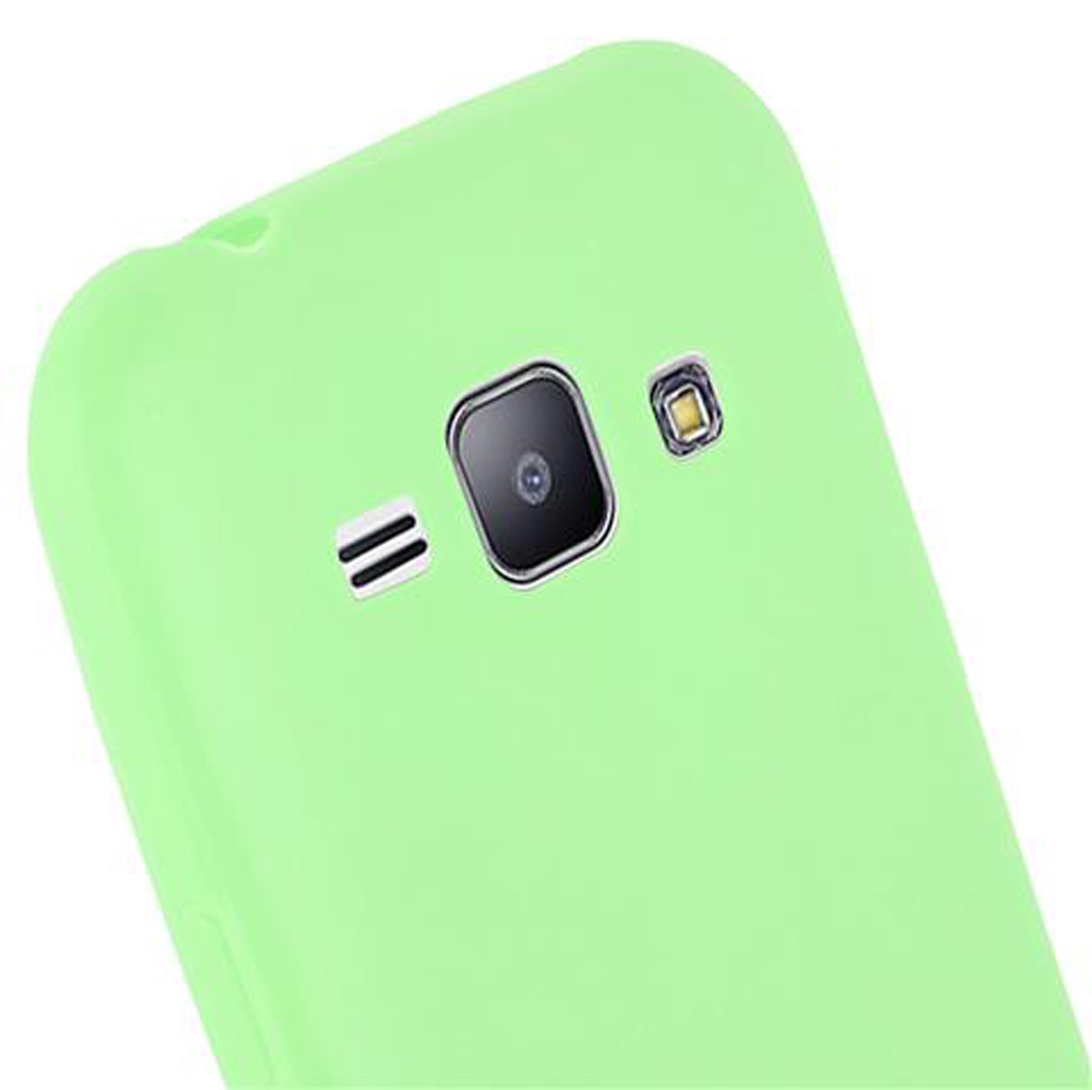 Retro di uno smartphone verde chiaro con fotocamera, flash e griglia altoparlante.