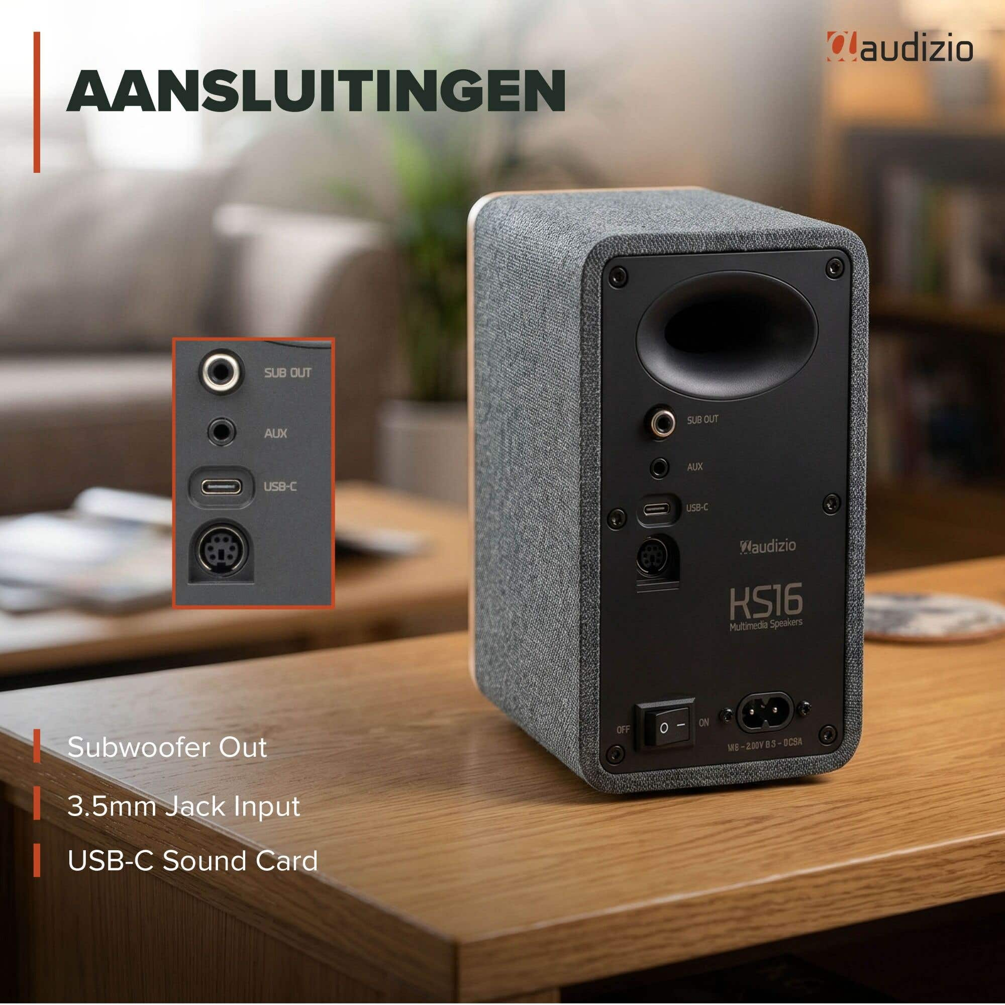 Parte trasera de un altavoz mostrando conexiones: Sub Out, Aux, USB-C.