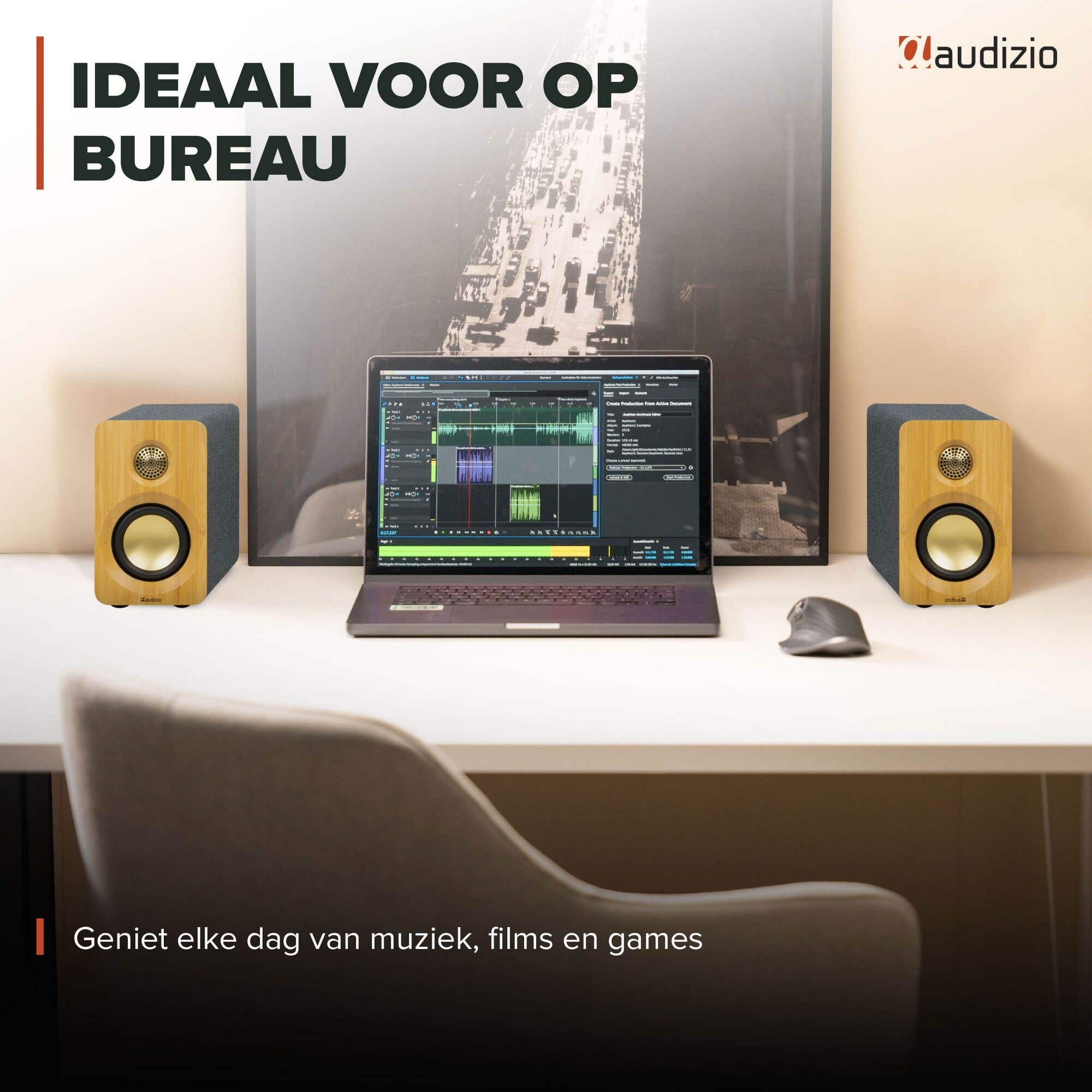 Dos altavoces de madera y un portátil con software de audio en un escritorio.