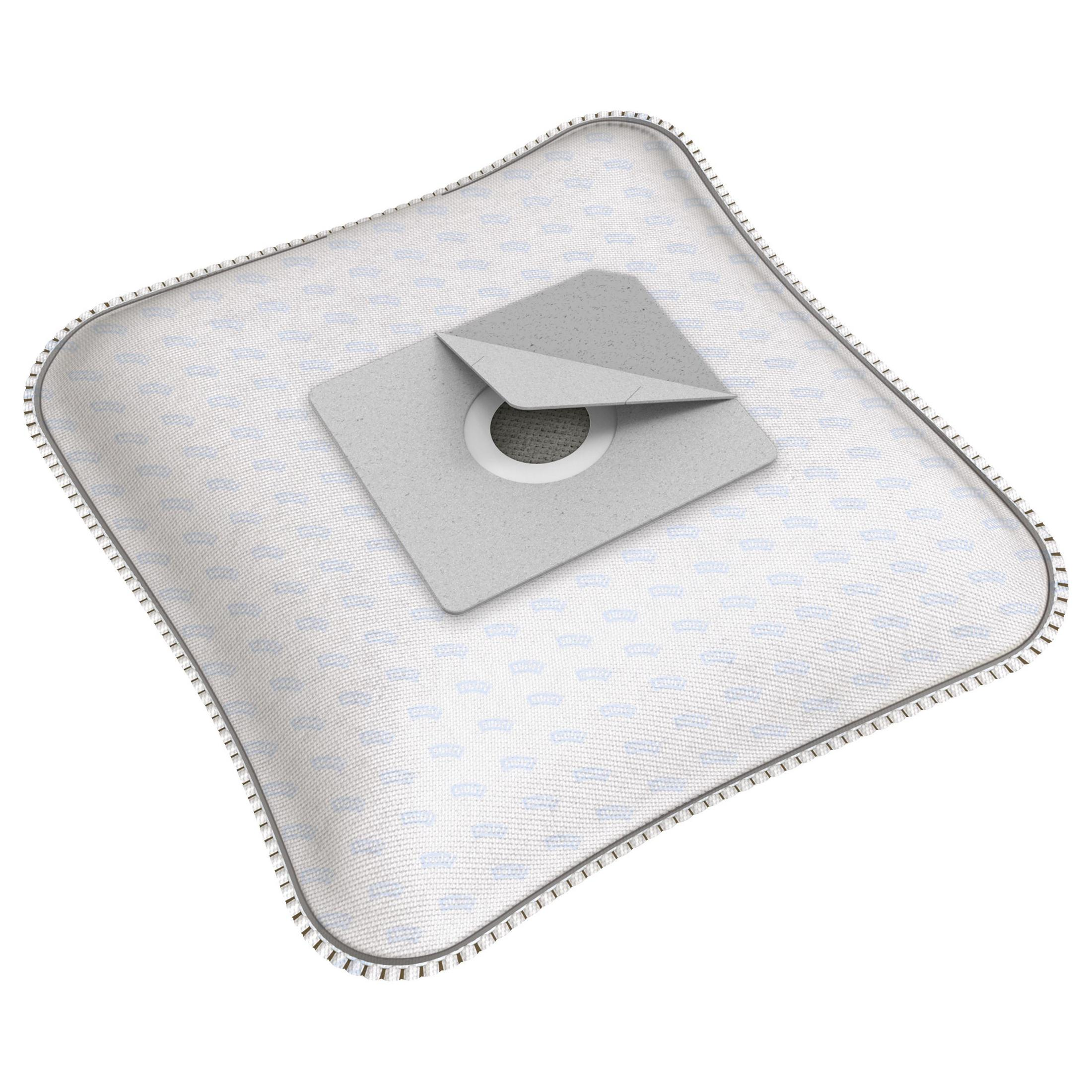 Una bolsa de aspiradora blanca con un patrón y un accesorio gris.