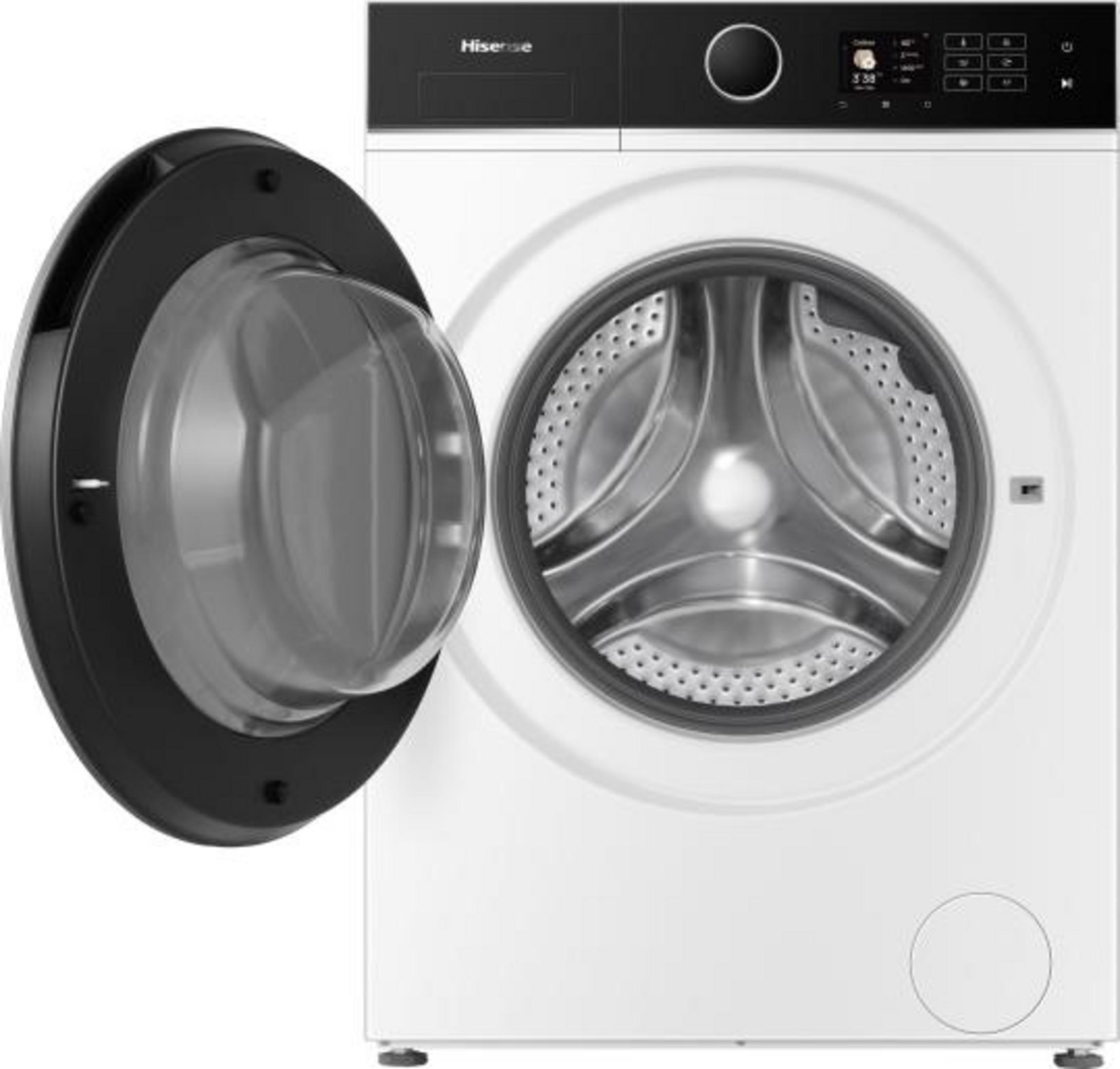 Lavadora blanca con puerta negra abierta y tambor de acero inoxidable.