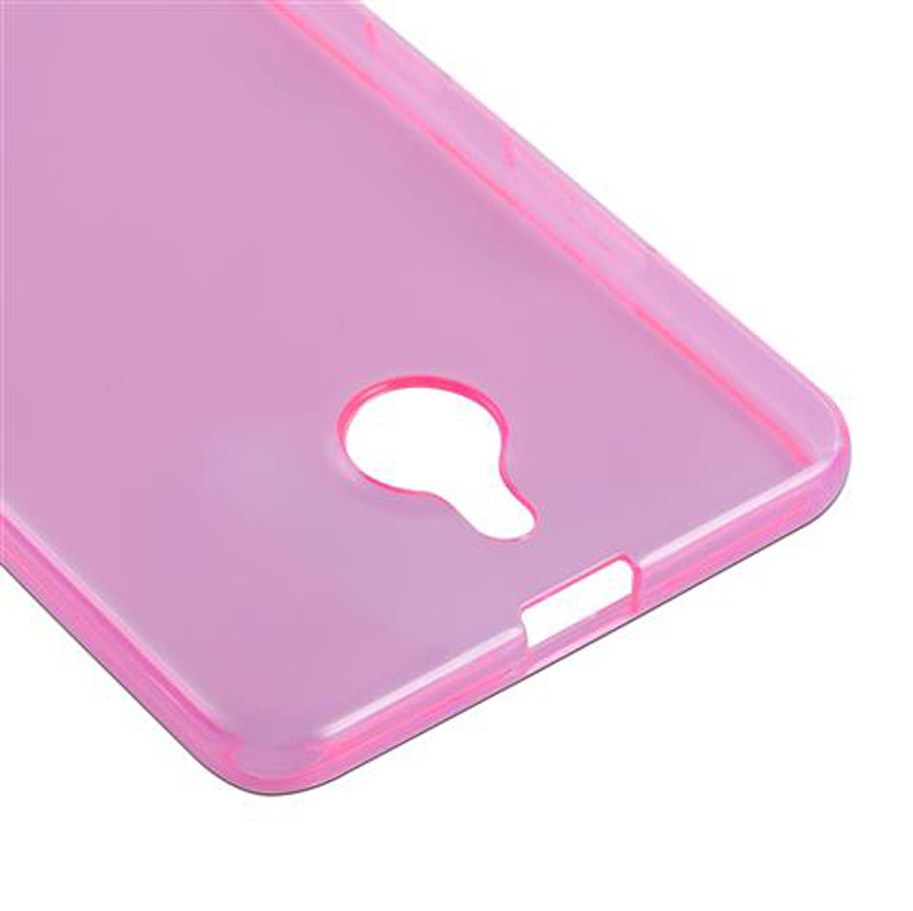 Una custodia per telefono rosa traslucida con ritagli per fotocamera e porte.