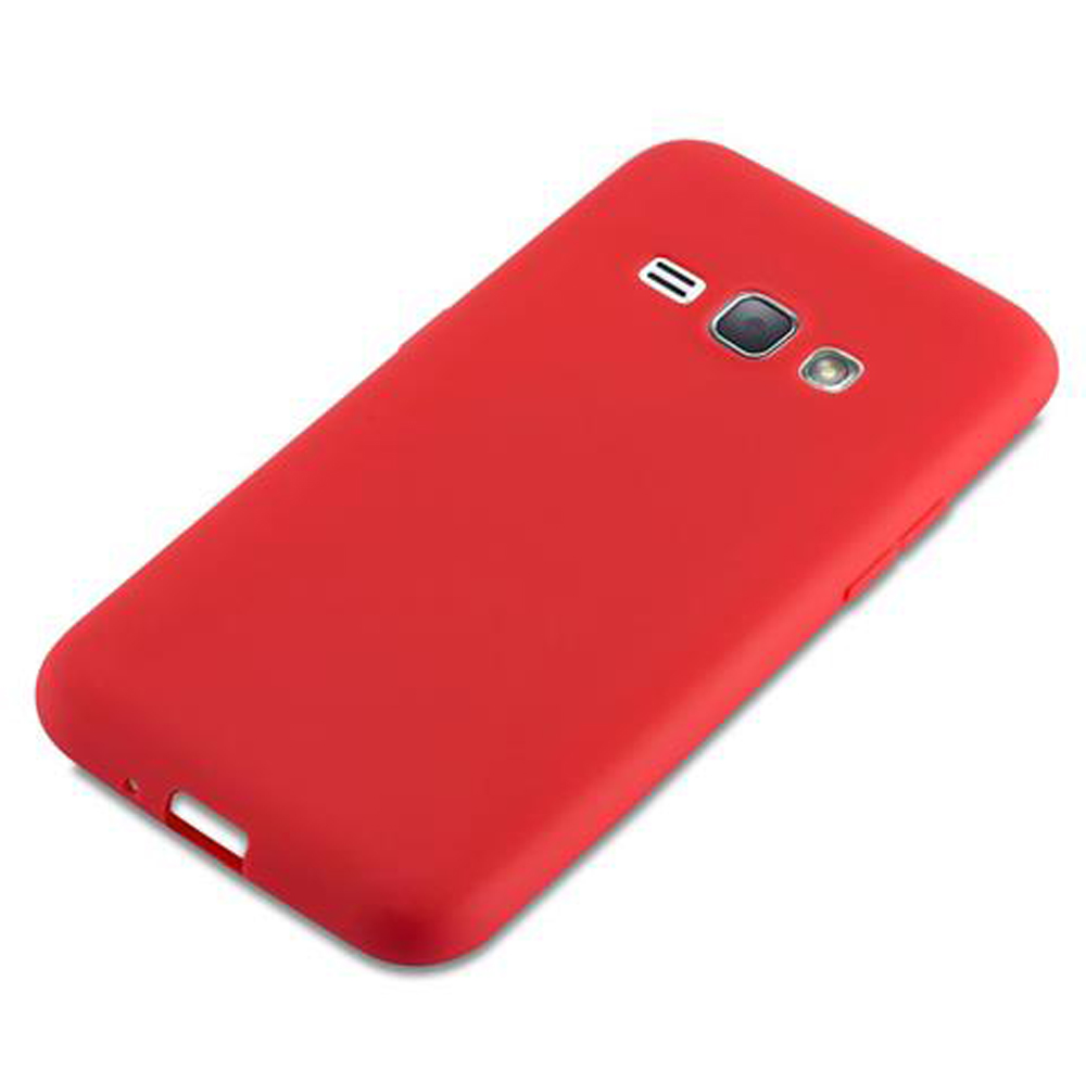 Custodia rossa per telefono con ritaglio fotocamera e griglia altoparlante.