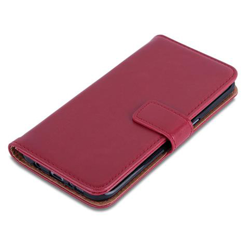 Funda de teléfono de cuero burdeos cerrada con cierre a presión.