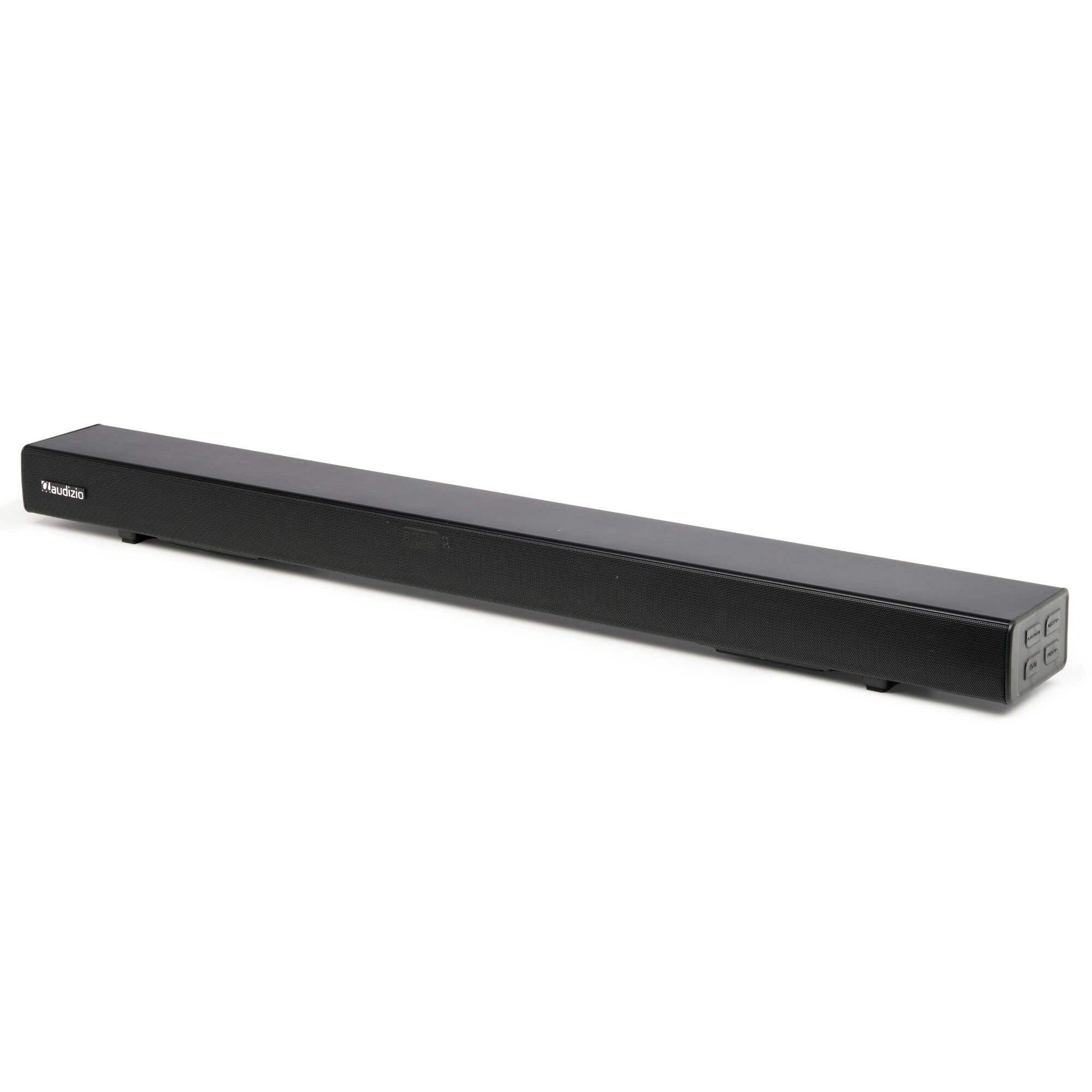 Una barra de sonido negra y rectangular descansa sobre un fondo blanco, con botones en el lado derecho.
