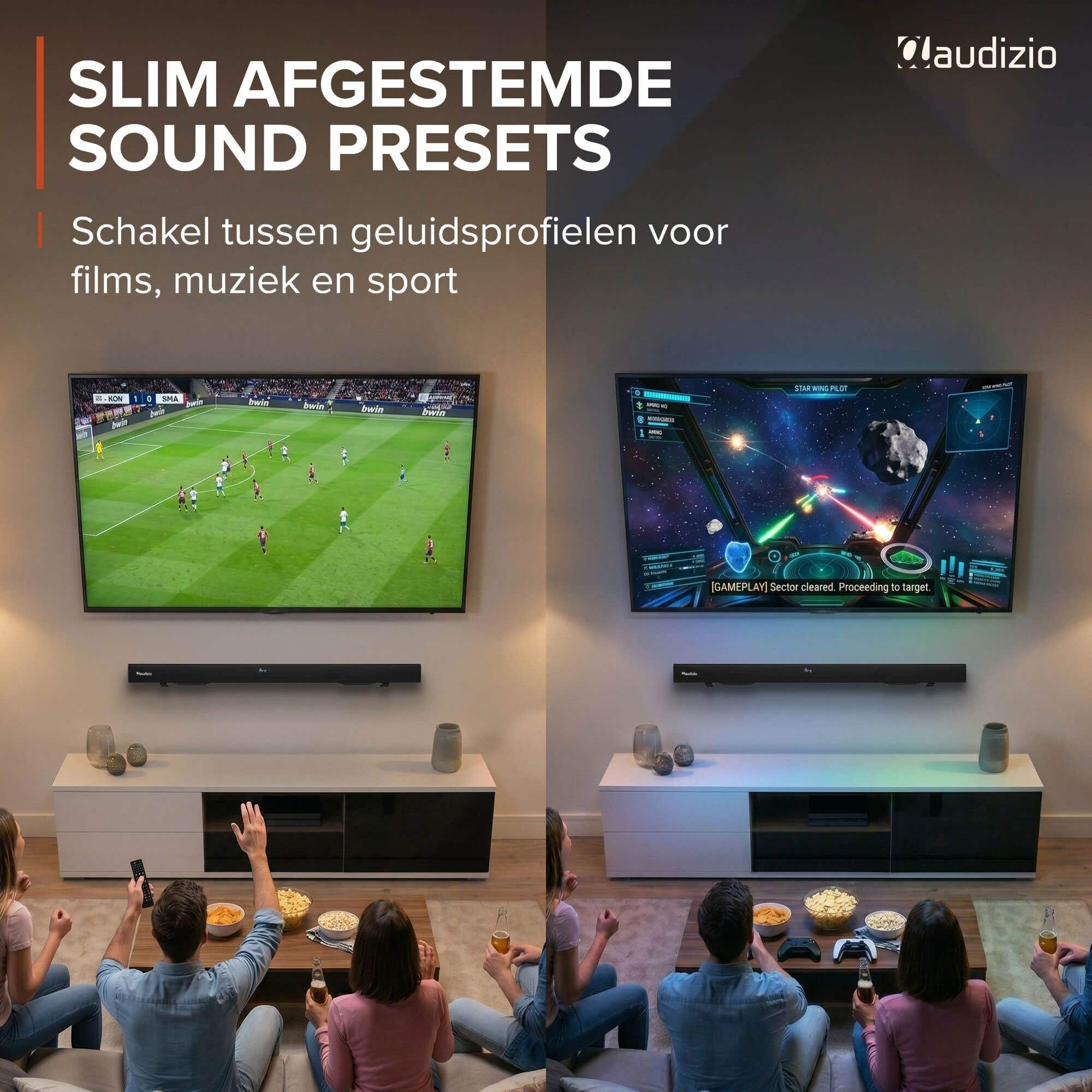 Tres personas ven la TV: fútbol a la izquierda, juego espacial a la derecha. Barras de sonido debajo.