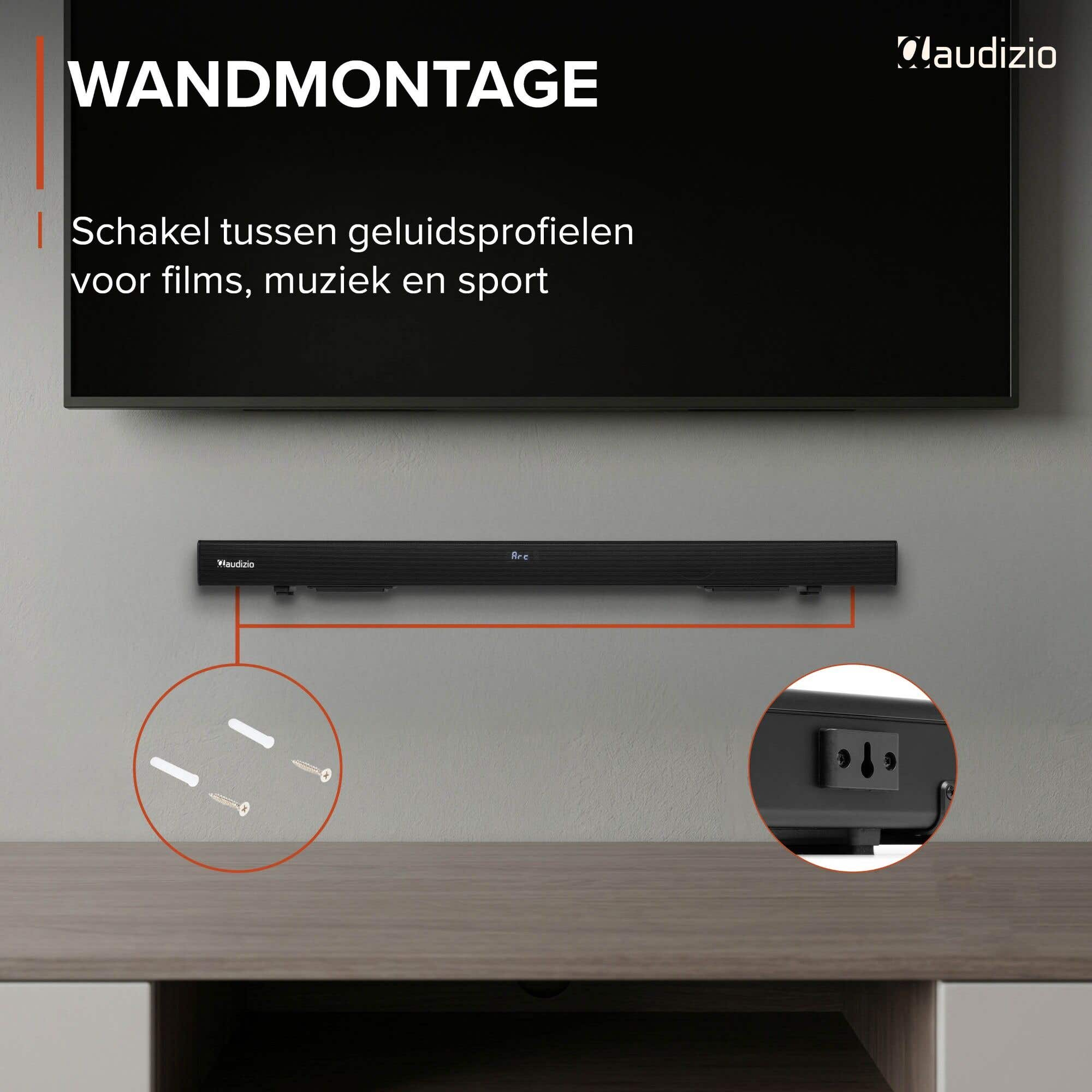 Soporte de pared para barra de sonido con tornillos y tacos.