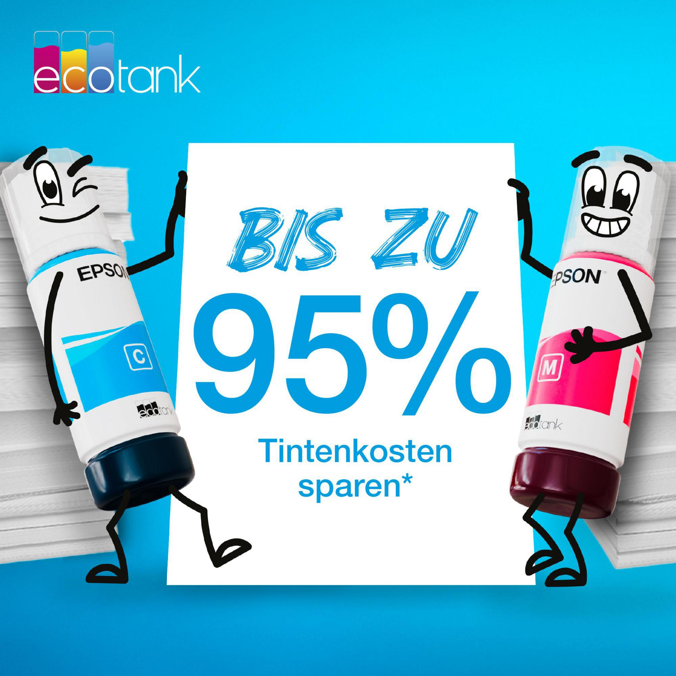 Two Epson EcoTank ink bottles advertise up to 95% cost savings.