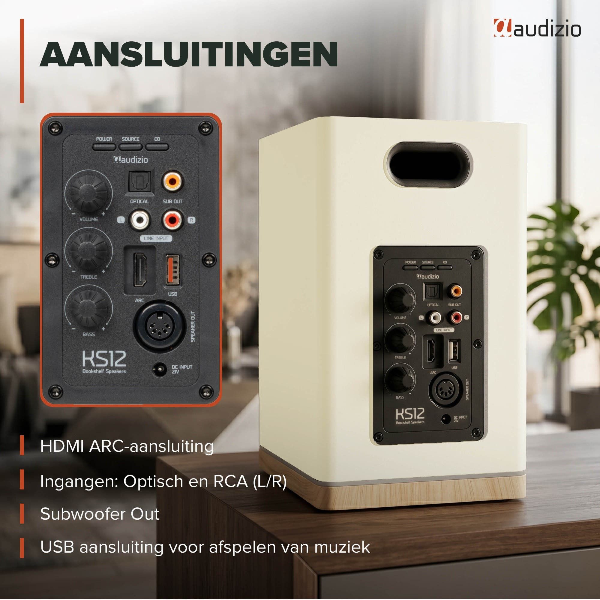 Parte trasera de un altavoz mostrando conexiones: volumen, graves, agudos, óptico, USB, HDMI.