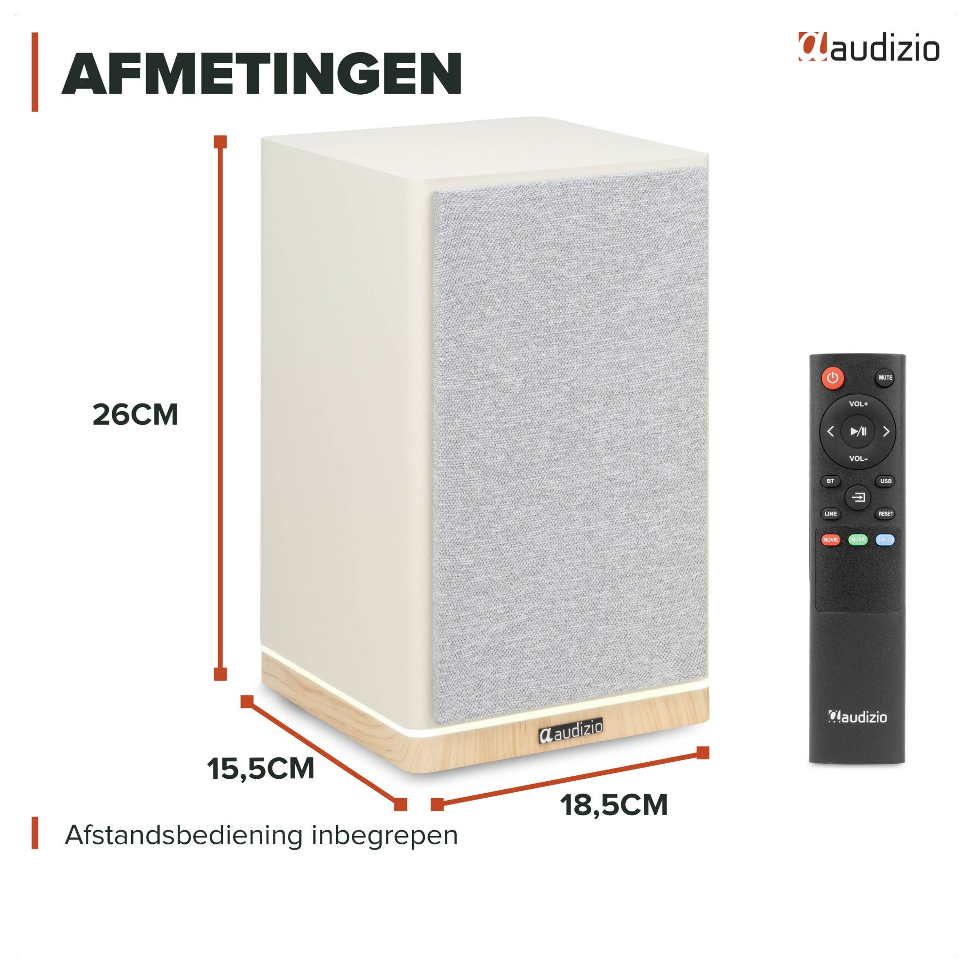 Un altavoz color crema con mando a distancia y dimensiones.