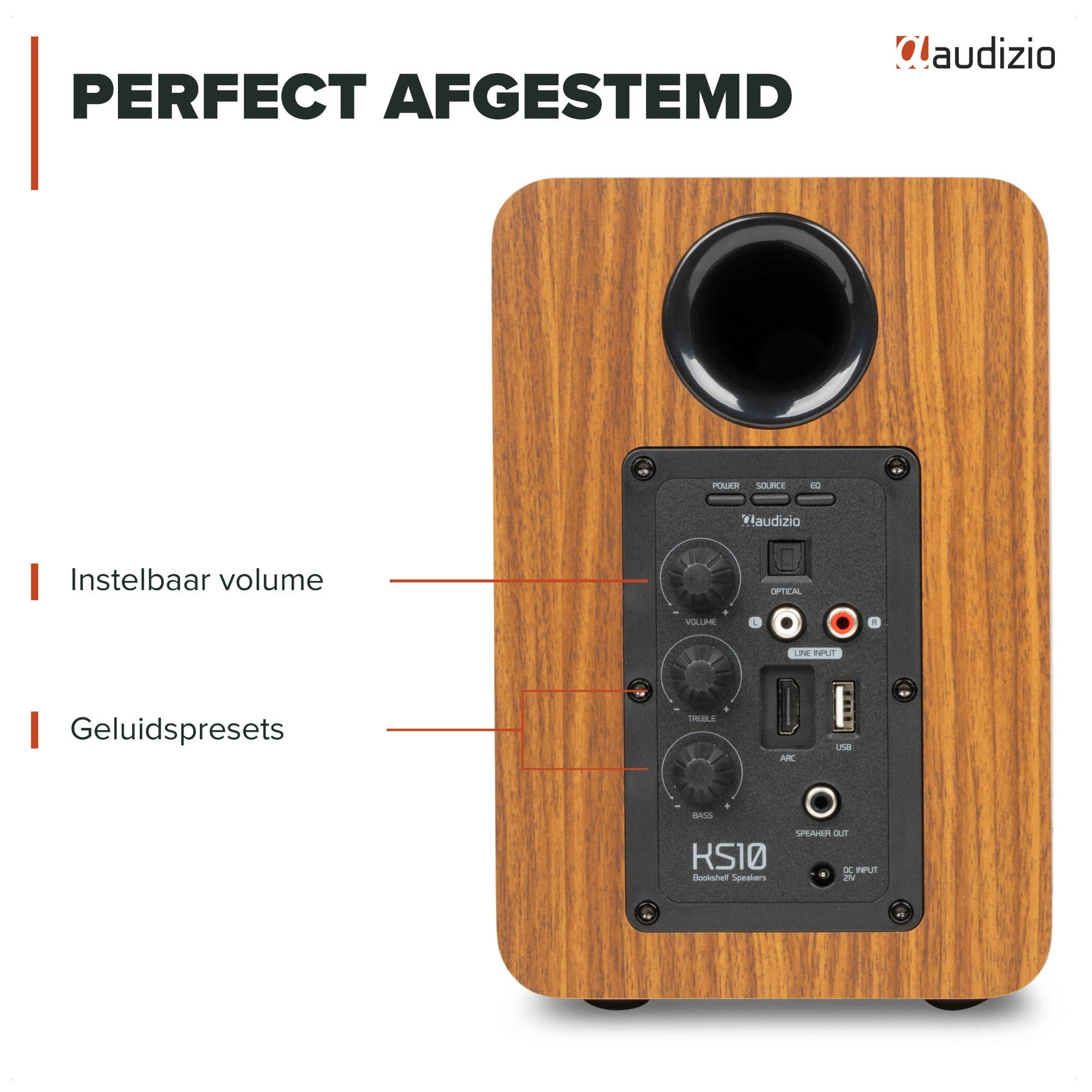 Un altavoz de madera con controles de volumen, graves y agudos. También incluye entradas.