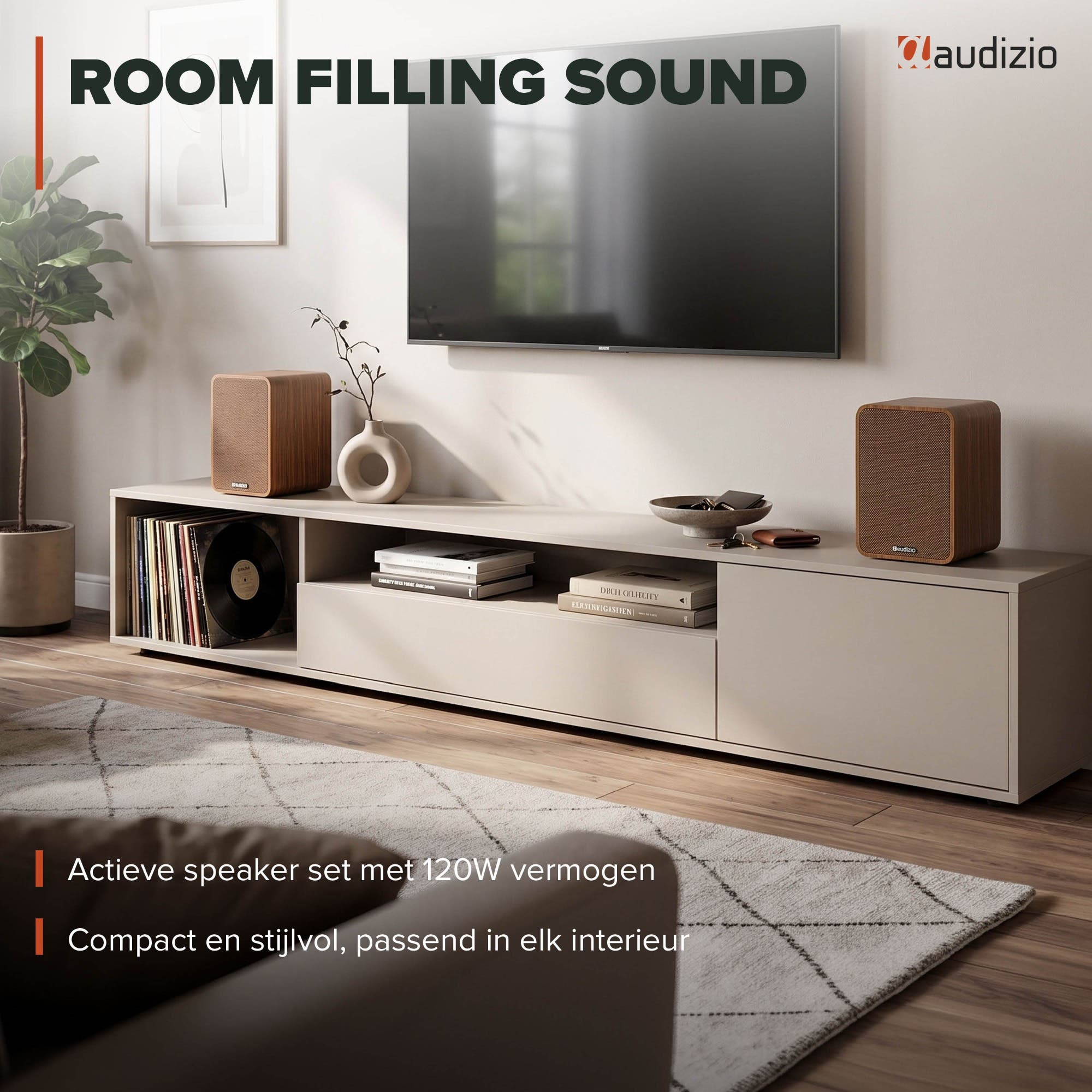 Un elegante sistema de sonido Audizio con altavoces de aspecto madera.