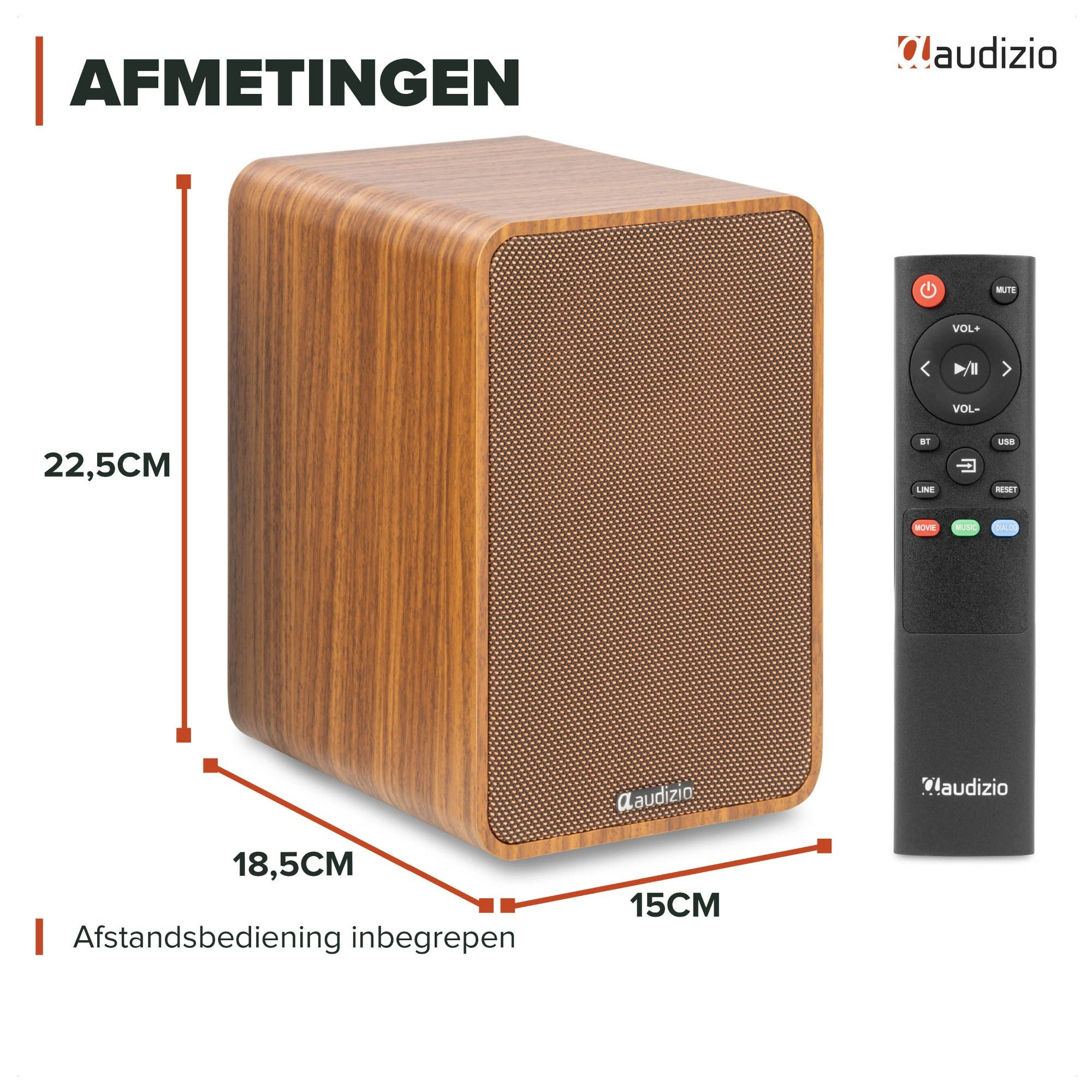 Altavoz de veta de madera con mando. Dimensiones: 22,5x18,5x15cm.